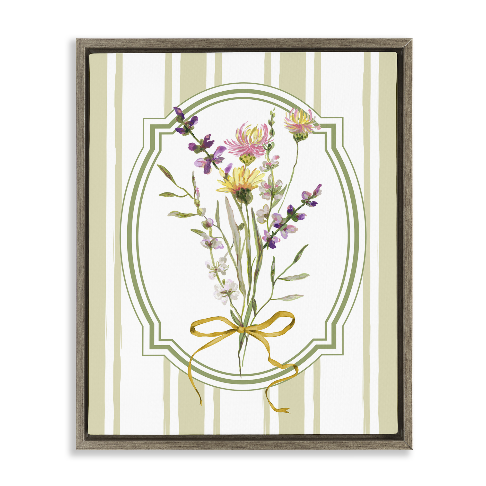 Wildflowers Bouquet Classic Stripes Brown Framed Floater Canvas Wall Art, design by Adonna Ebrahimi