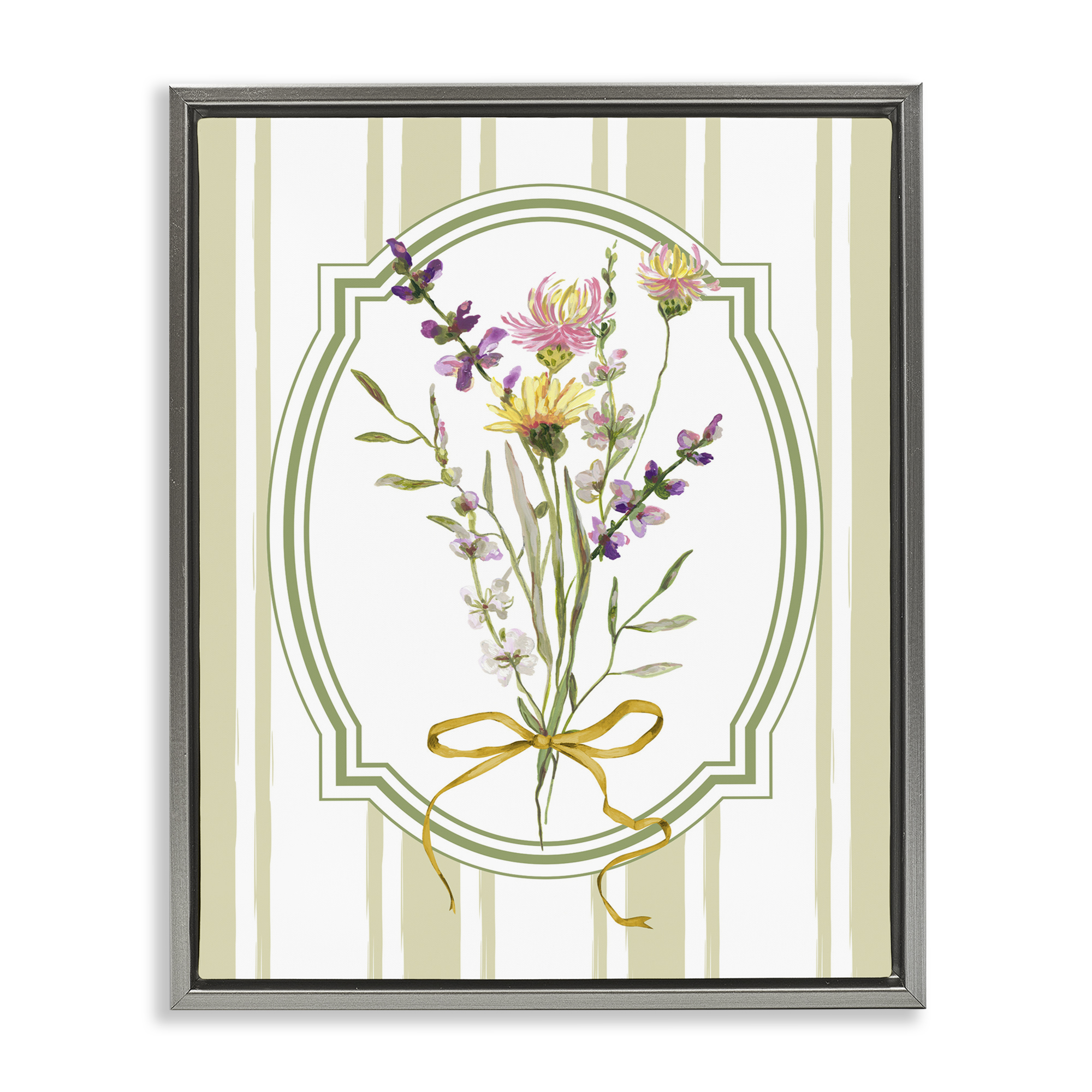 Wildflowers Bouquet Classic Stripes Gray Framed Floater Canvas Wall Art, design by Adonna Ebrahimi