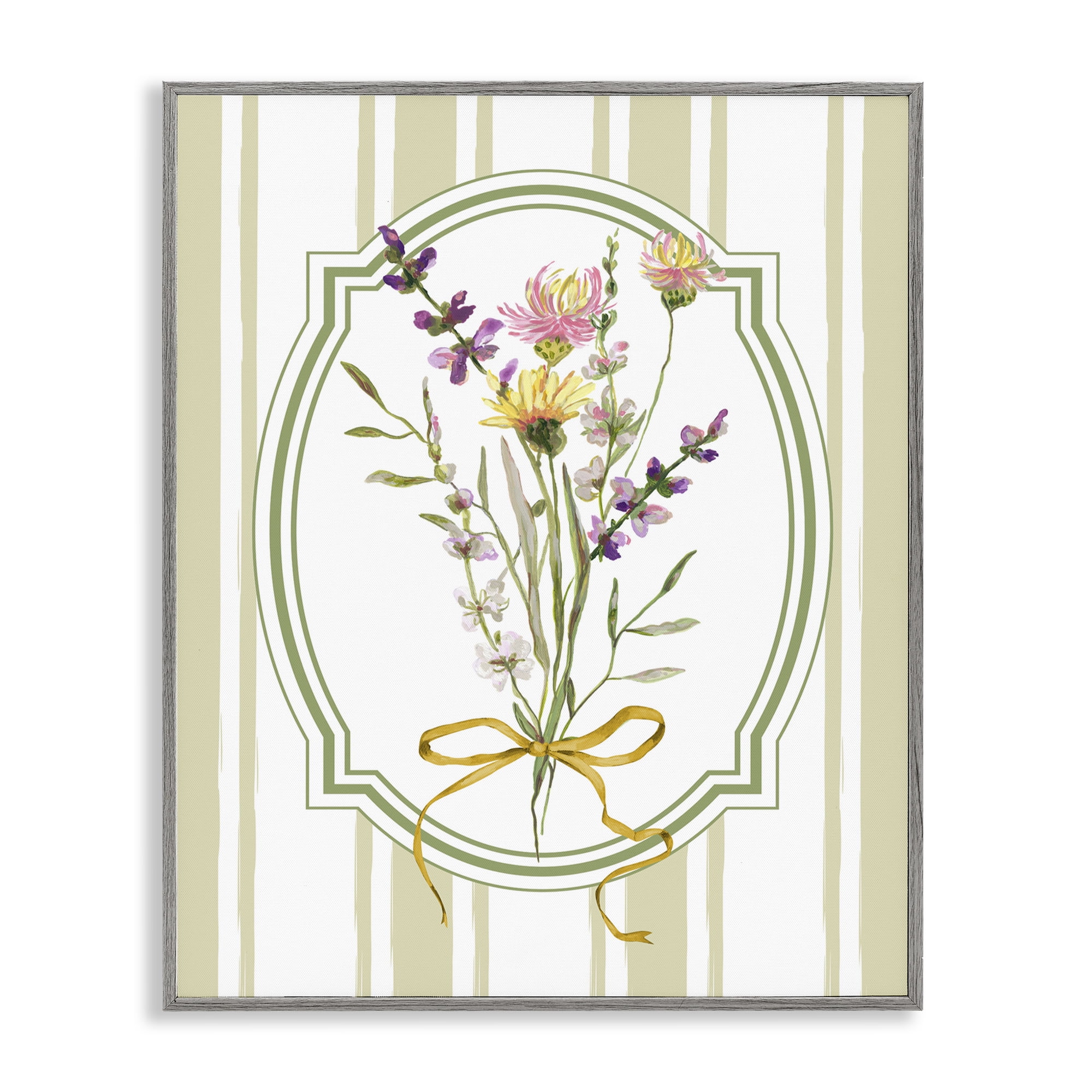 Wildflowers Bouquet Classic Stripes Gray Framed Giclee Art, design by Adonna Ebrahimi