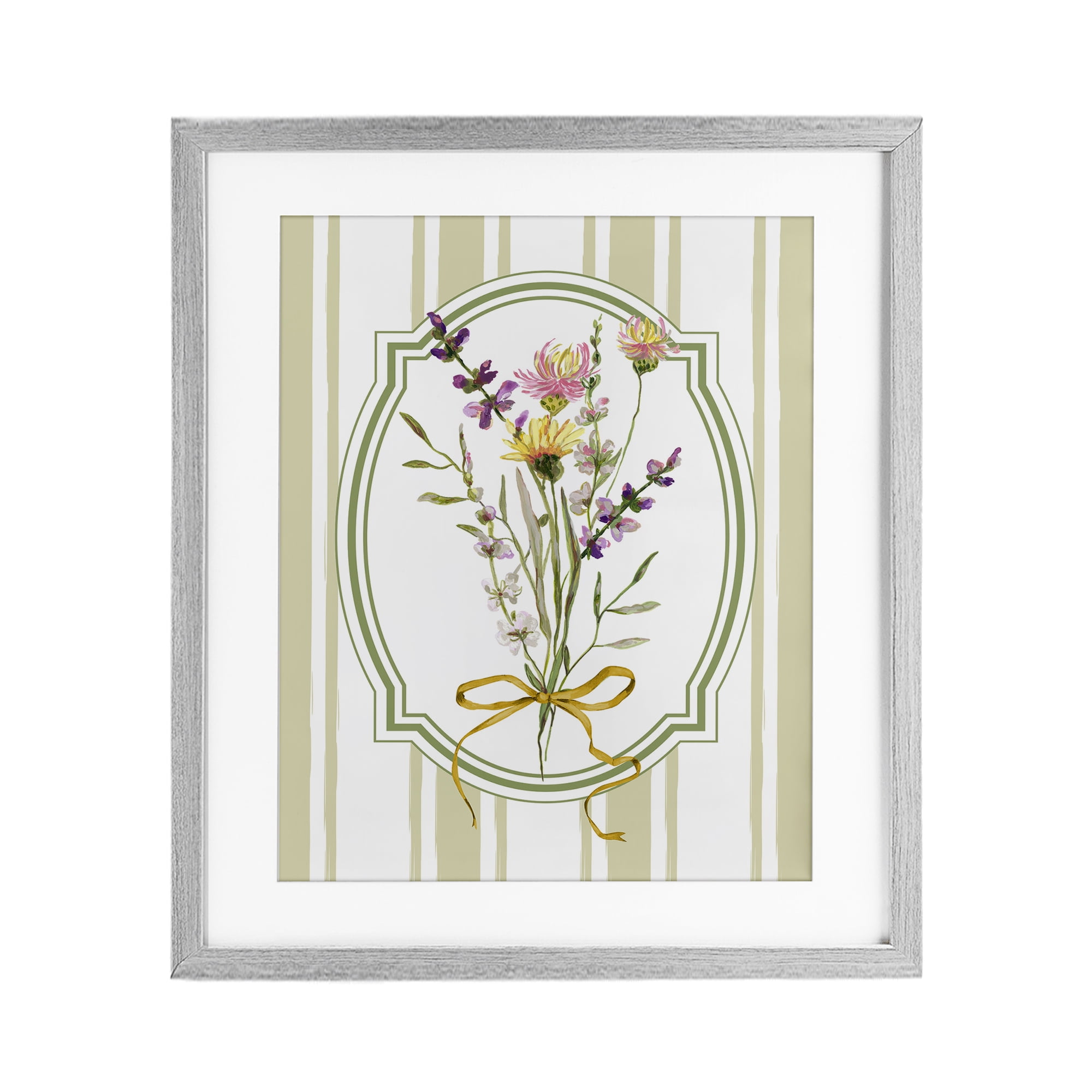 Wildflowers Bouquet Classic Stripes Gray Framed Print Under Glass, design by Adonna Ebrahimi