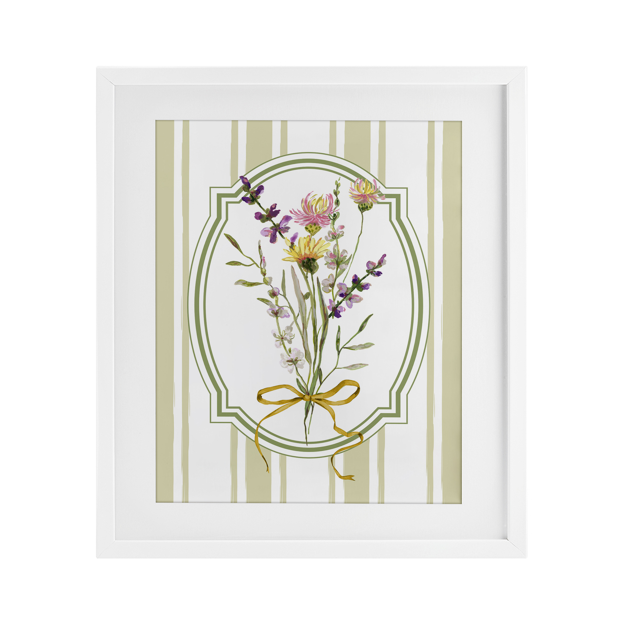 Wildflowers Bouquet Classic Stripes White Framed Print Under Glass, design by Adonna Ebrahimi