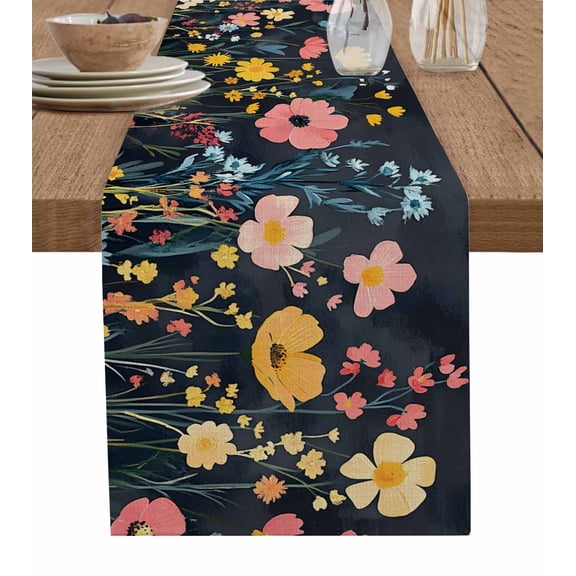 Wildflowers Burlap Cotton Table Runner 13x90 Inches Long, Spring Botanical Pastoral Summer Flowers Farmhouse Table Runners, Outdoor Dining Tablecloths Decor for Baby Shower/Party/Wedding