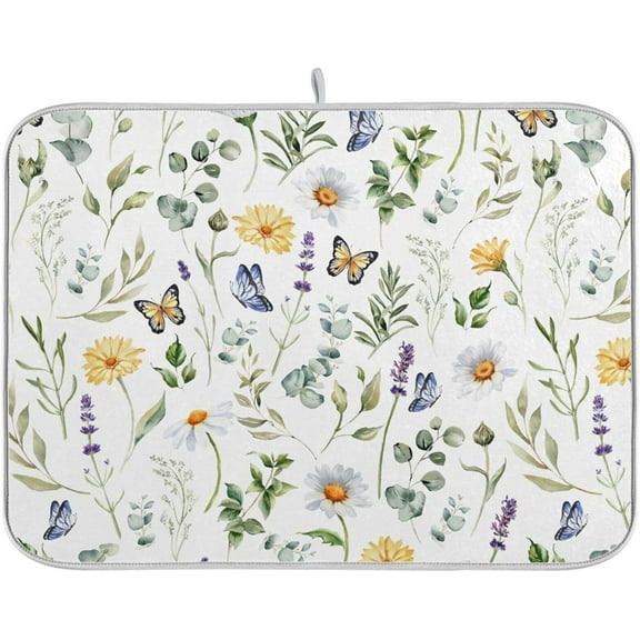 Wildflowers Butterflies Botanical Leaves Dish Drying Mat for Kitchen Counter Absorbent Microfiber Drying Pad, Large 18x24 in, Reversible Drainer Mats
