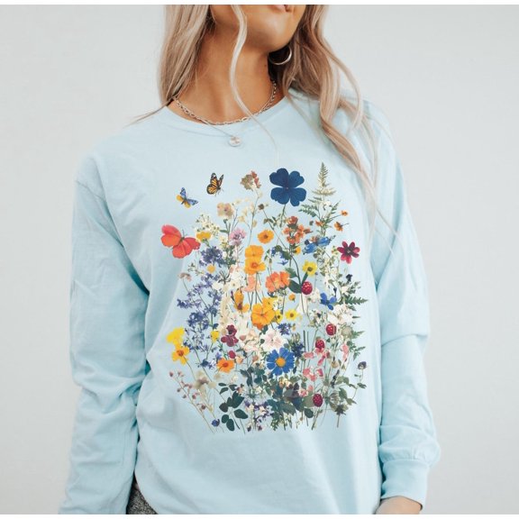 Wildflowers & Butterflies Long Sleeve T-shirt: Comfort Colors Cottagecore Floral