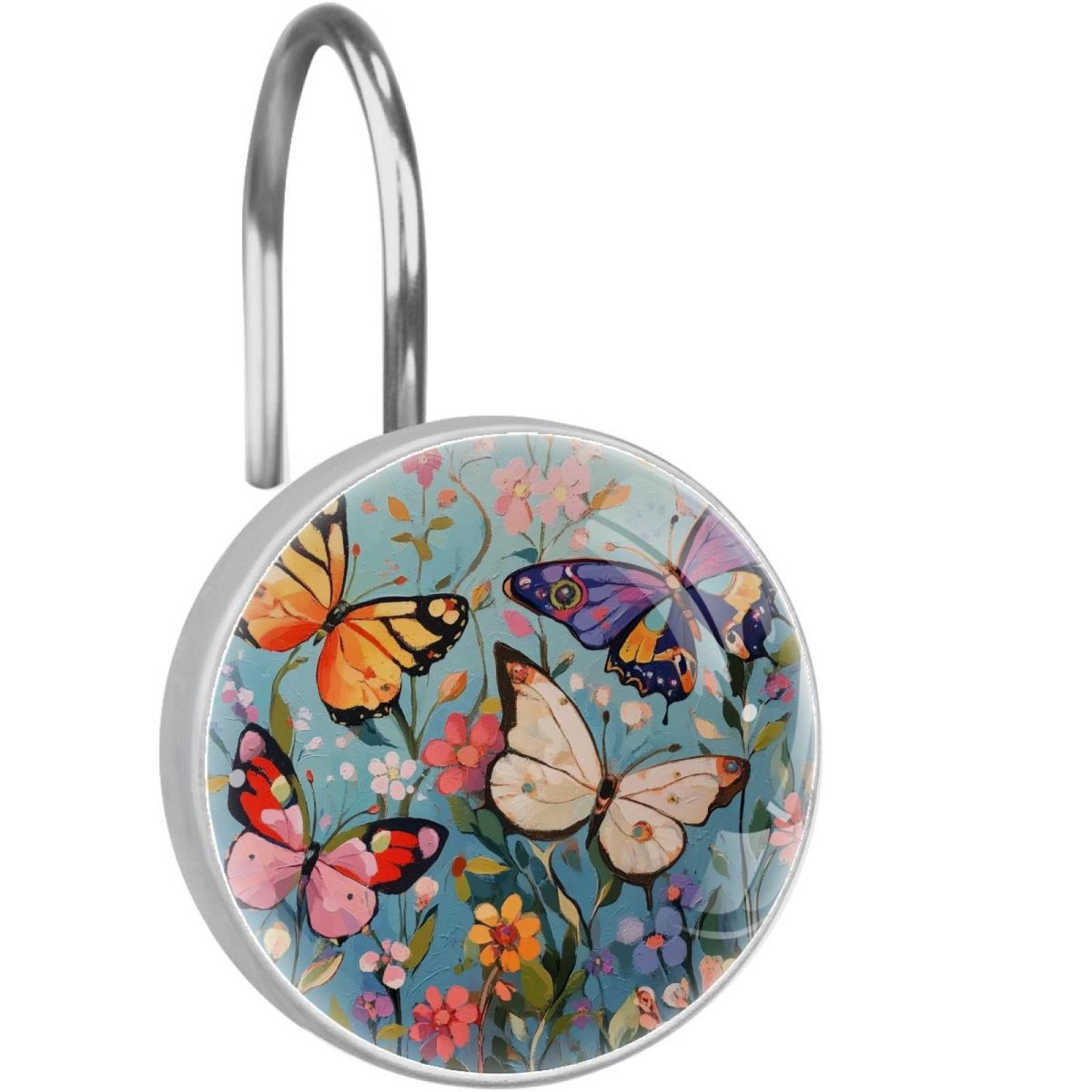 Wildflowers Butterfly Painting Shower Curtain Hooks Round Crystal Glass, Set of 12 Shower Curtain Rings - Shower Hooks for Curtain Shower Rings