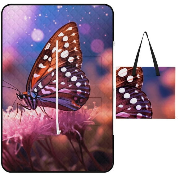 Wildflowers Butterfly Picnic Blanket Waterproof Outdoor Beach Blanket Hand-held Pad Suitable for Travel, Camping, Beach, Family Gatherings
