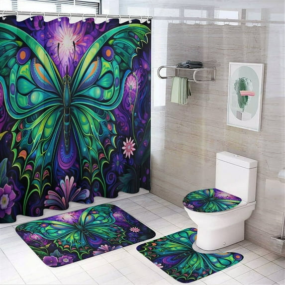 Wildflowers Butterfly Shower Curtain Sets with Rugs 4 Piece Rustic