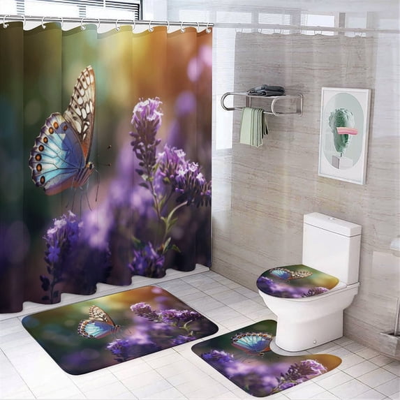 Wildflowers Butterfly Shower Curtain Sets with Rugs 4 Piece Rustic