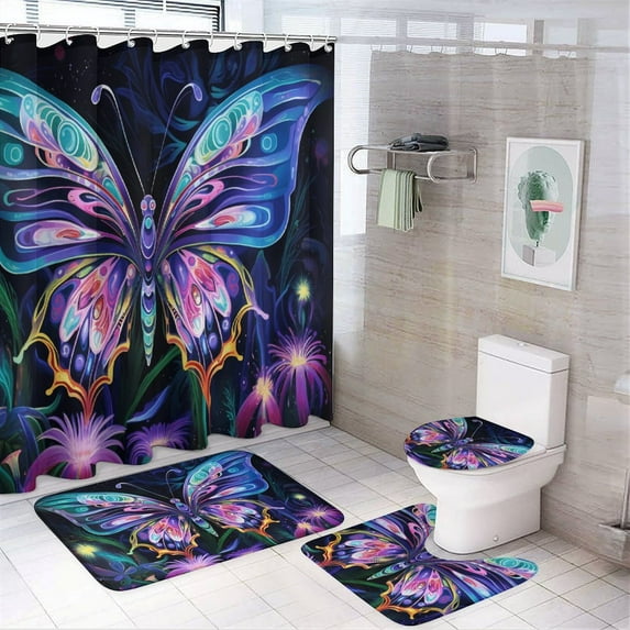Wildflowers Butterfly Shower Curtain Sets with Rugs 4 Piece Rustic