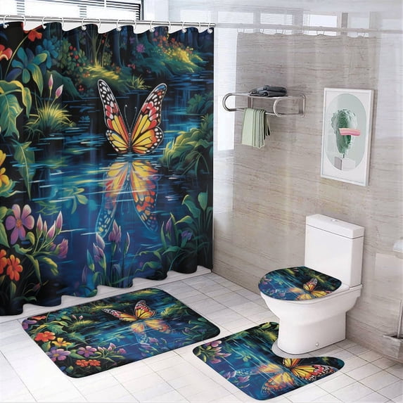 Wildflowers Butterfly Shower Curtain Sets with Rugs 4 Piece Rustic