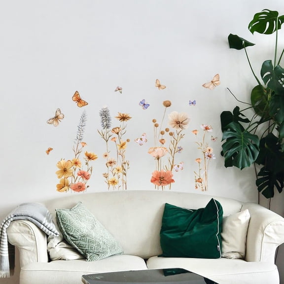 Wildflowers and Butterfly Wall Stickers Decals Decor Removable Peel and Stick 2 Sheets 11.8" x 37.8" Vinyl 3D Wall Murals for Bedroom Living Sewing Room Bathroom Classroom Playroom Home Mixed Color