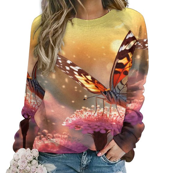 Wildflowers Butterfly Women's Floral Printed Sweatshirt Long Sleeve Crewneck Casual Loose Vintage Graphic Pullover Tops
