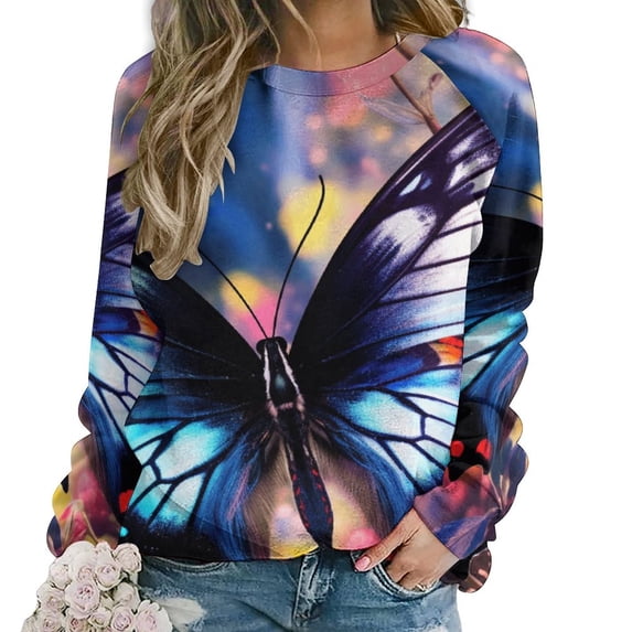Wildflowers Butterfly Women's Floral Printed Sweatshirt Long Sleeve Crewneck Casual Loose Vintage Graphic Pullover Tops