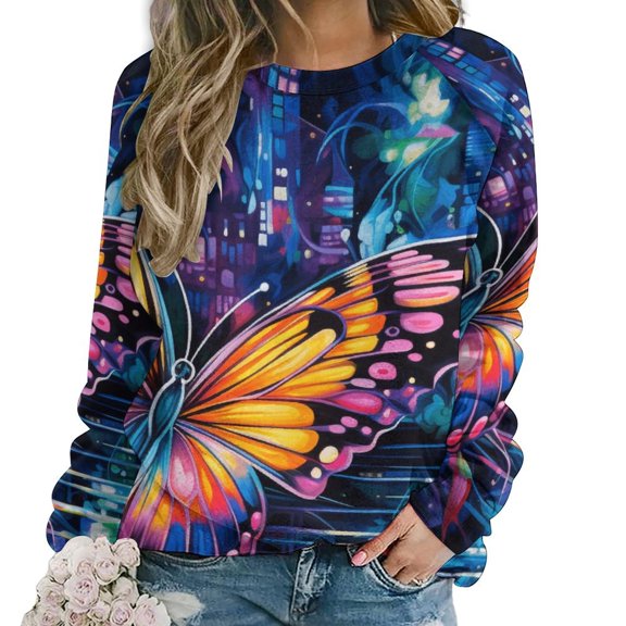 Wildflowers Butterfly Women's Floral Printed Sweatshirt Long Sleeve Crewneck Casual Loose Vintage Graphic Pullover Tops