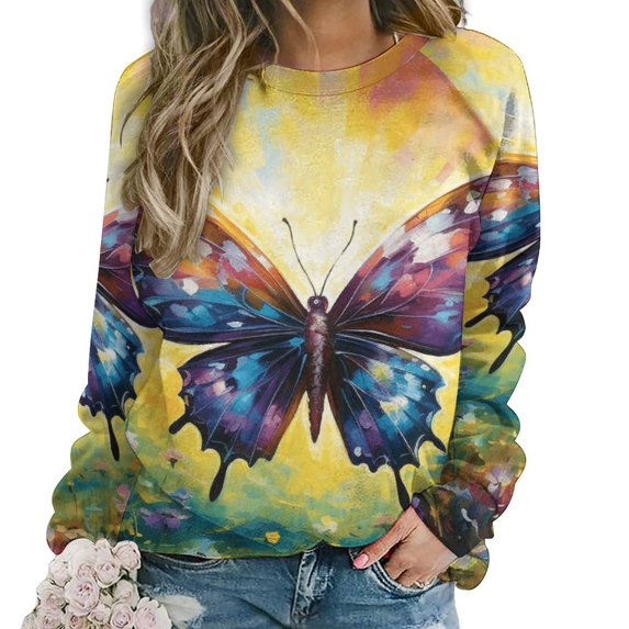 Wildflowers Butterfly Womens Casual Crewneck Sweatshirt Long Sleeve Tops Cute Pullover Loose Fit