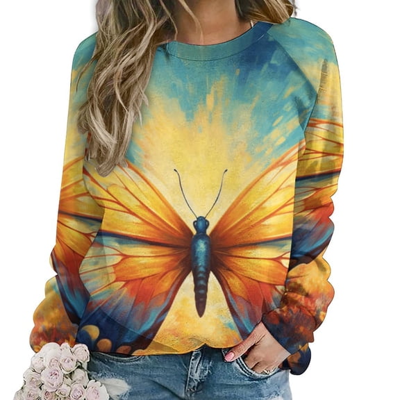 Wildflowers Butterfly Womens Casual Crewneck Sweatshirt Long Sleeve Tops Cute Pullover Loose Fit