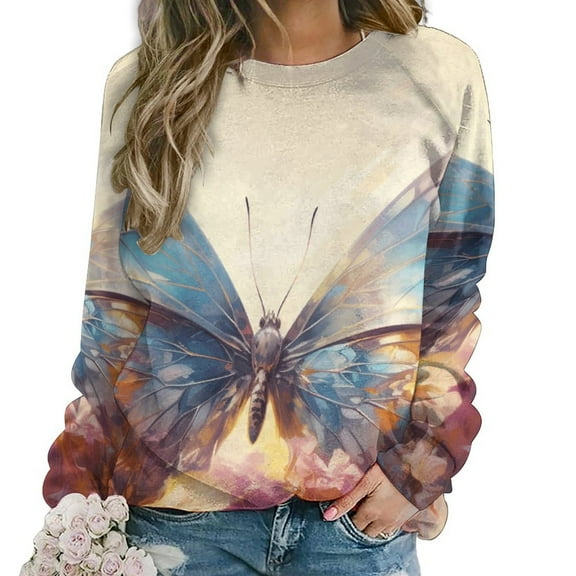 Wildflowers Butterfly Womens Casual Crewneck Sweatshirt Long Sleeve Tops Cute Pullover Loose Fit