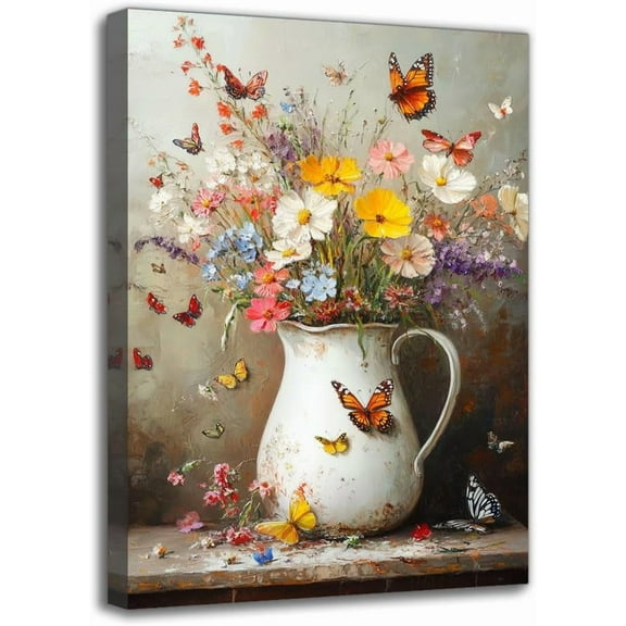 Wildflowers Canvas Wall Art Print - Framed Country Aesthetic Floral Painting, Wall Decor For Living Room Dining Area Bedroom Cafe Farmhouse Spring/Summer Room Decoration (8W X 12L)