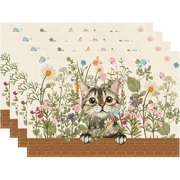 Wildflowers Cat Daisy Spring Placemats Set of 4 Summer Table Mats for Party Home Kitchen Dining Table Decorations 12x18 Inch