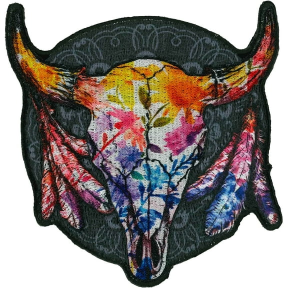 Wildflowers Cattle Skull Patch - Embroidered Thread Rayon Iron-on Biker's Large Patch - 3.5"x3.5"