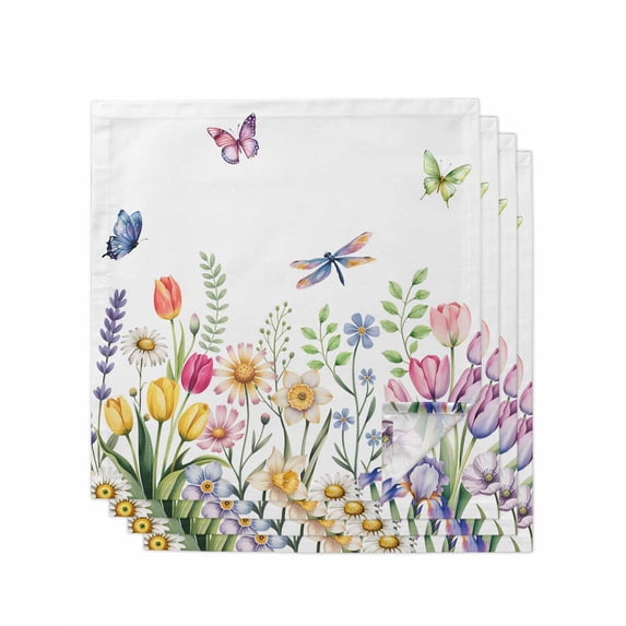 Wildflowers Cloth Napkins Set of 4 Reusable Dinner Napkins, Spring Country Tulip Butterfly Floral Leaf Cocktail Napkin Washable Table Napkins for Wedding/Holiday Party/Baby Shower 20"x20"