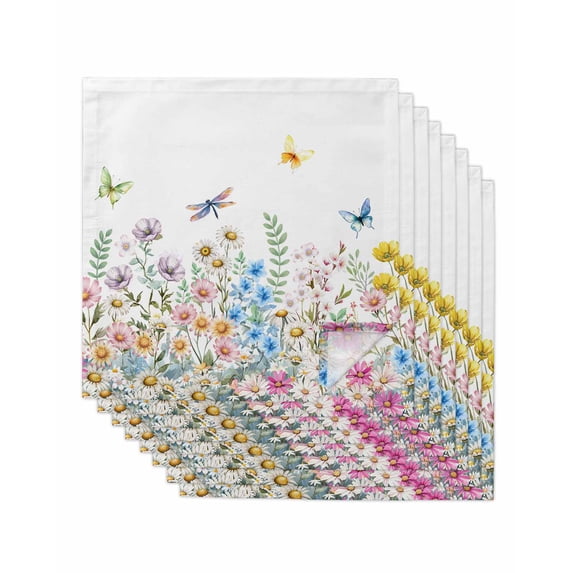 Wildflowers Cloth Napkins Set of 8 Reusable Dinner Napkins, Farmhouse Country Dragonfly Butterfly Floral Cocktail Napkin Washable Table Napkins for Wedding/Holiday Party/Baby Shower 20"x20"