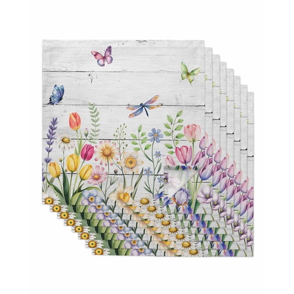 Wildflowers Cloth Napkins Set of 8 Reusable Dinner Napkins, Spring Farmhouse Tulip Floral Leaf Wooden Grain Cocktail Napkin Washable Table Napkins for Wedding/Holiday Party/Baby Shower 20"x20"