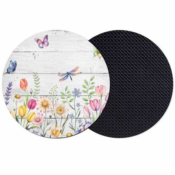 Wildflowers Coasters Set of 2, Absorbent Coasters for Drinks, Spring Farmhouse Tulip Floral Leaf Wooden Grain Coaster for Desk Coffee Table Protection, Home Decor House Warming Gifts 4"