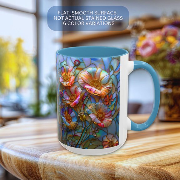 Wildflowers Coffee Mug, Stained Glass Style Poppy Tea Mug, August Birth Flower Gift, Nature Lover Gift