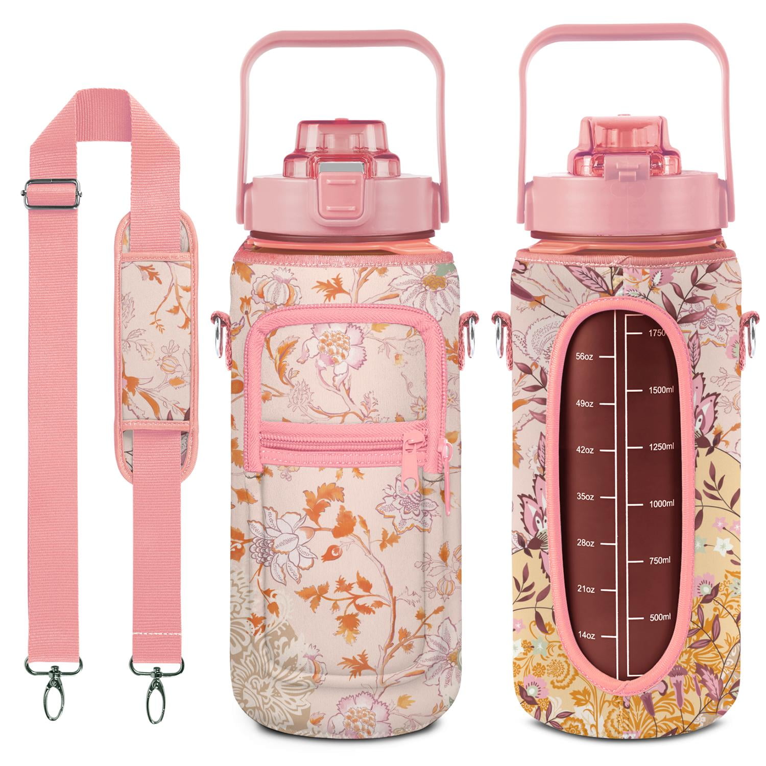 Wildflowers Colorful 64 Oz Half Gallon Water Bottle with Sleeve - BPA Free Leakproof Sport Large Plastic Water Bottle with Straw Strap & Insulated Neoprene Holder Carrier Bag Great Gift for Women Men
