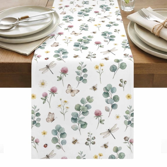 Wildflowers Cotton Linen Table Runner Rustic Pink Floral Leaf Dragonfly Butterfly Dining Table Runners for Home Decor Party Dining Room Restaurant Kitchen Party 13" x 36"
