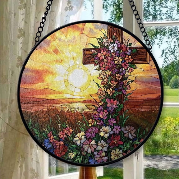 Wildflowers Cross Sunset Window Glass, Suncatcher Window Hanging, Stained Glass Gift, Christian Cross, Christmas Jesus Gift, Window Decor, Stained Glass Ornament 2025, Holiday