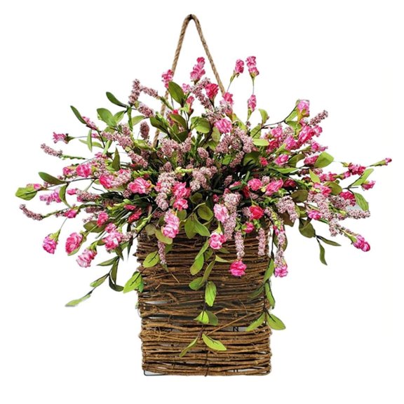 Wildflowers Door Hanging Basket Wreath - Front Door Spring Wreath Hydrangea Welcome Sign, Farmhouse Spring Summer Flowers Basket Wreath for Home Decor