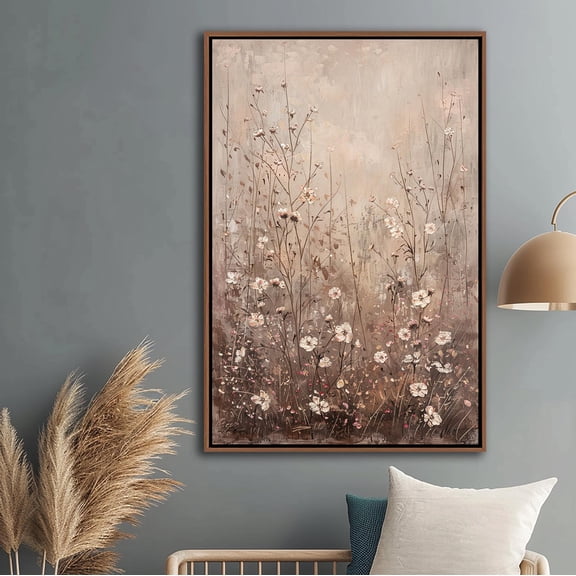 Wildflowers Field Framed Wall Art, Vintage Spring Flowers Wall Decor, Botanical Canvas Art, Flowers Landscape Canvas Print, Farmhouse Decor