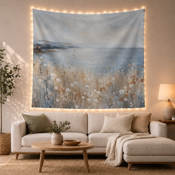 Wildflowers in a Field Overlooking Calm Coastal Waters, Serene Impressionist for Nature Lovers, Botanical Landscape Wall Art, Housewarming Gift, Tapestry Wall Hanging for Living Room and Bedroom