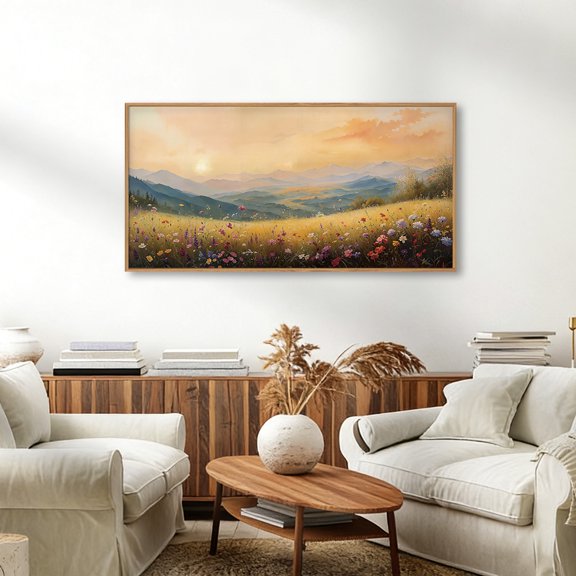 Wildflowers Field Wall Art Boho Flowers Wall Decor Framed Vintage Landscape Wall Painting Countryside Canvas Artwork for Living Room Bedroom Office 20X40 In