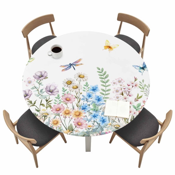 Wildflowers Fitted Tablecloth with Elastic Edged, Round Table Cloth for Dining Table, Farmhouse Country Dragonfly Butterfly Floral Waterproof Oil Proof Table Cover for Indoor Outdoor 36"-44"