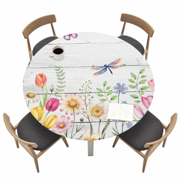 Wildflowers Fitted Tablecloth with Elastic Edged, Round Table Cloth for Dining Table, Spring Farmhouse Tulip Floral Leaf Wooden Grain Waterproof Oil Proof Table Cover for Indoor Outdoor 55"-60"