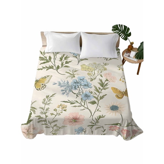 Wildflowers Flat Sheets Only King Size, Soft Breathable Bed Top Sheets for Mattress, Spring Flowers Plants Farmhouse Pastoral Luxury Bedding Flat Sheets for Home Hotel Bedroom Bed Protection