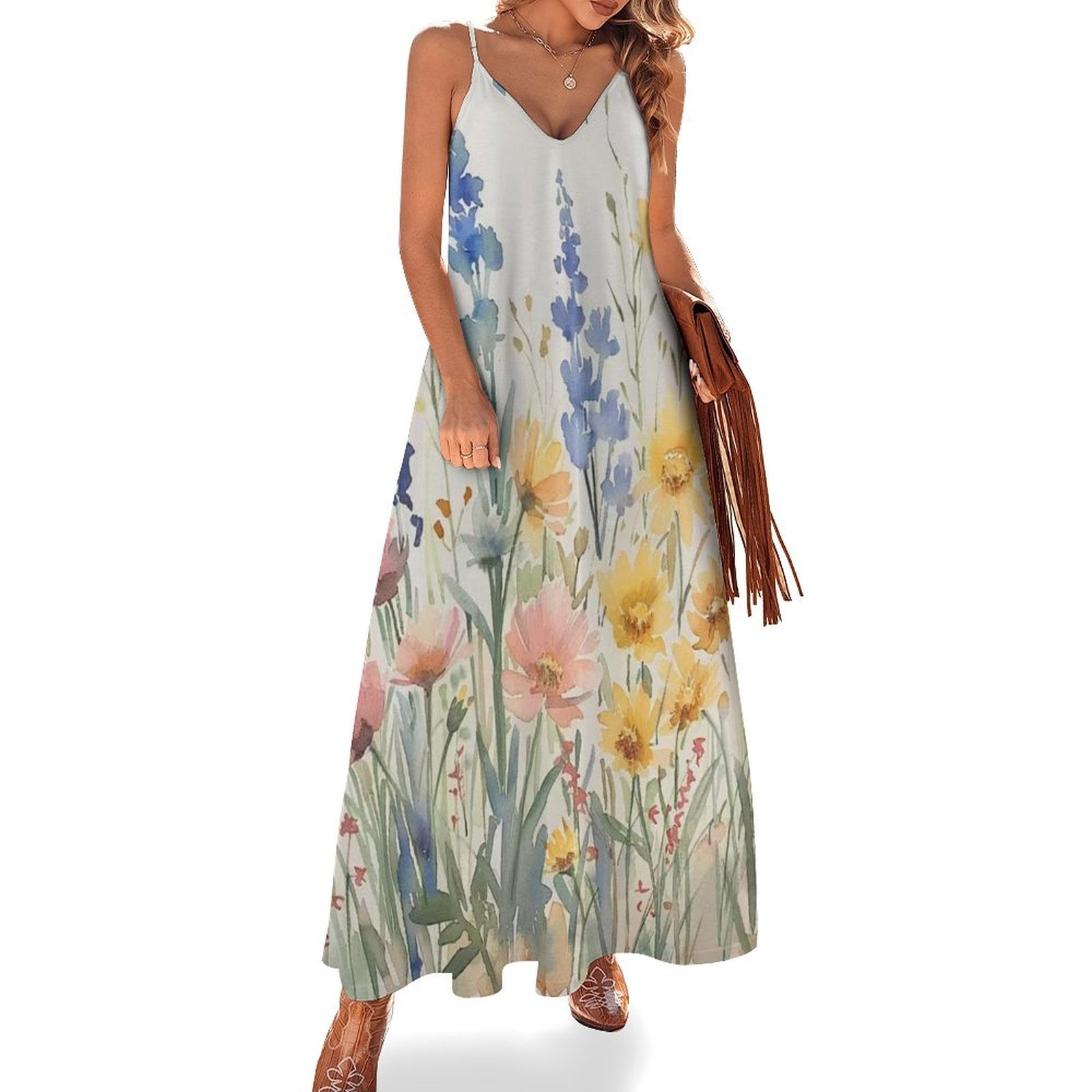 Wildflowers Floral Sleeveless Suspender Dress Summer Fashion Casual Long Dress