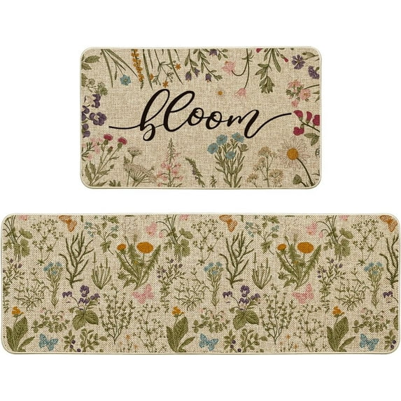 Wildflowers Floral Spring Kitchen Mats Set of 2, Home Decor Low-Profile Kitchen Rugs for Floor - 17x29 and 17x47 Inch