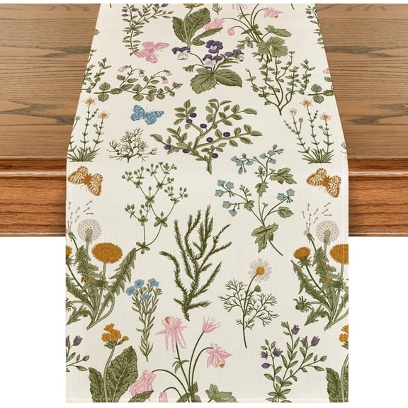Wildflowers Floral Spring Table Runner, Butterfly Seasonal Summer Kitchen Dining Table Decoration for Home Party Decor 13x48 Inch