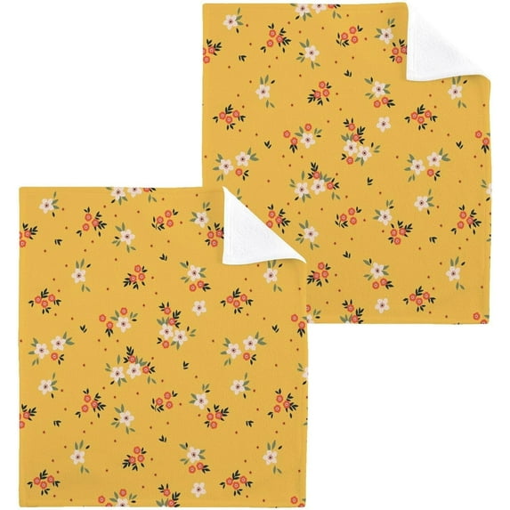 Wildflowers Floral Yellow Washcloth 12x12in Set, 2 Pack Absorbent Cotton Towel Square Kitchen Dishes Towels, Soft Cleaning Face Hand Towel Fast Drying Wash cloth