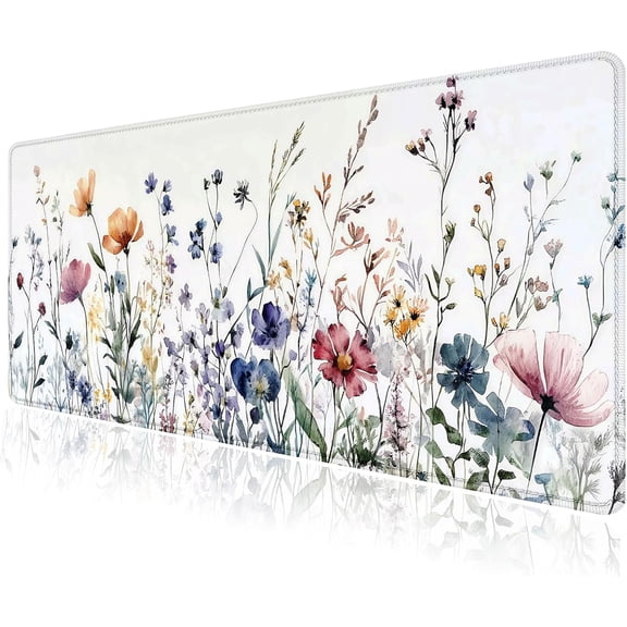 Wildflowers Flower Floral Large Mouse Pad, Desk Mat Computer Keyboard Pad Non-Slip Rubber Base Waterproof with Stitched Edges for Laptop Gaming, Office & Home 31.5 x 11.8 Inch