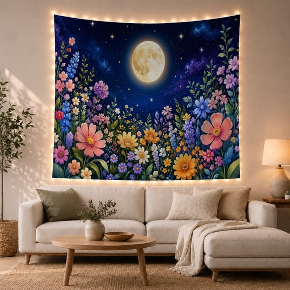 Wildflowers and Full Moon Against a Night Sky, Whimsical Celestial for Nature Lovers, Floral Wall Art Decor, Housewarming Gift Tapestry Wall Hanging for Bedroom and Living Room