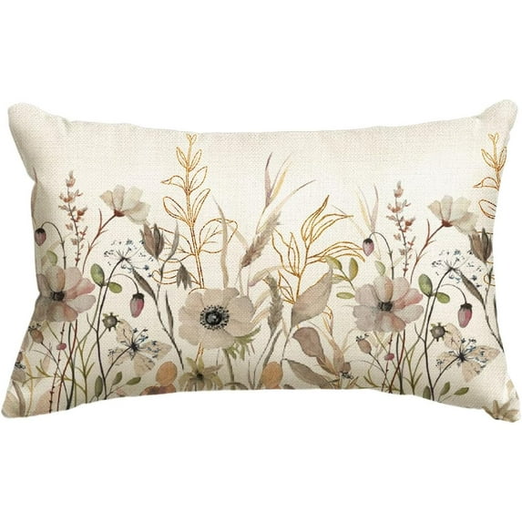 Wildflowers Golden Eucalyptus Leaves Throw Pillow Cover, 12 x 20 Inch Spring Fall Floral Butterfly Cushion Case Decoration for Sofa Couch