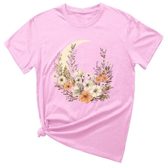 Wildflowers Graphic Tees for Women Summer Casual Holiday Short Sleeve Shirts Loose Floral Printed Blouses (L, Pink)