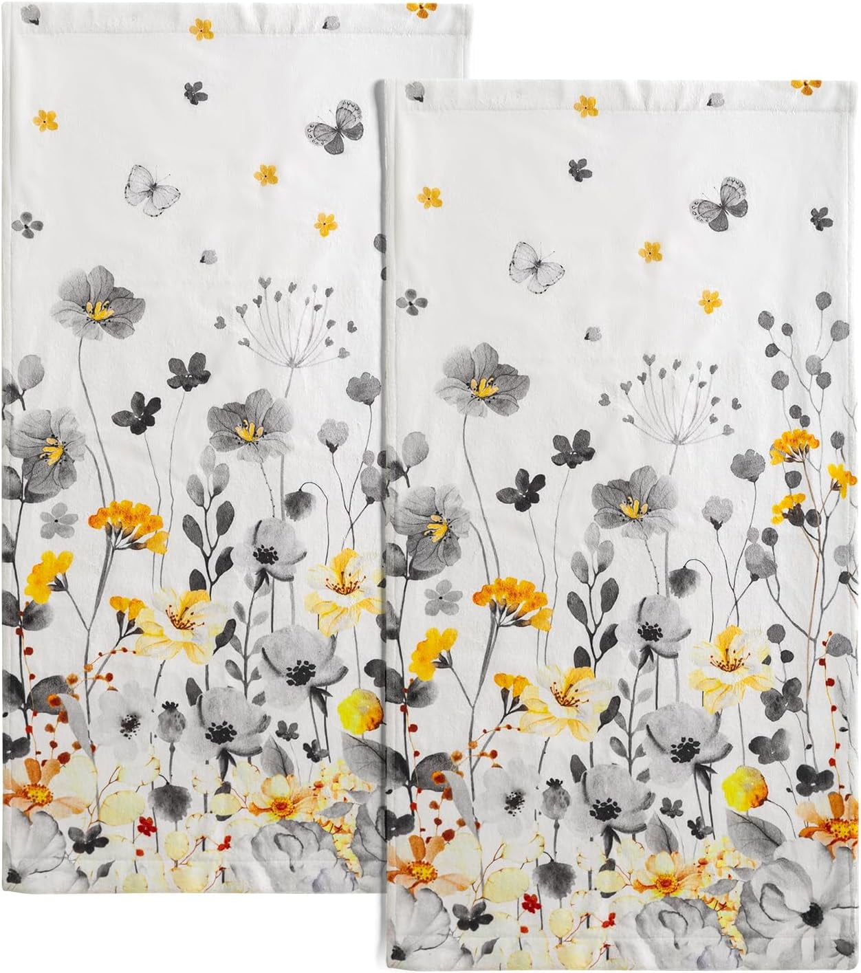 Wildflowers Hand Towels for Bathroom Set of 2 Yellow Grey Flower Kitchen Dish Towel Soft Absorbent Decorative Face Towel for Home Gym Spa Guest