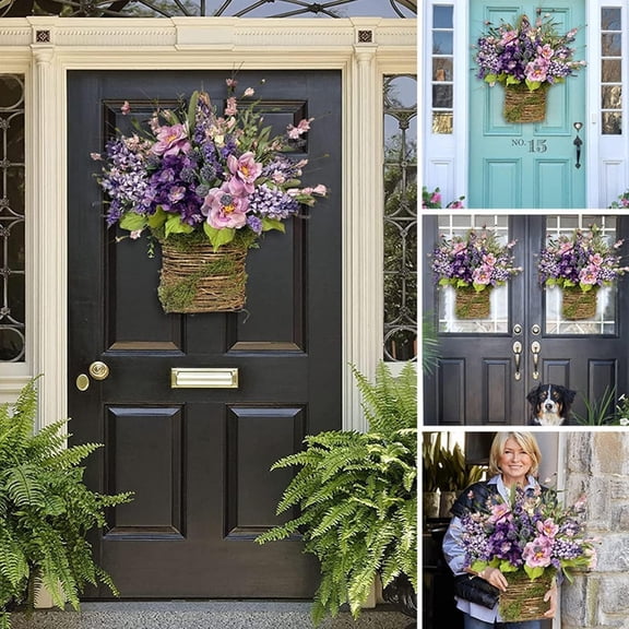 Wildflowers Hanging Basket Wreath, 16.92Inch Artificial Hydrangea Spring Summer Wreath for Front Door, Wall Hanging Flower Bucket Rustic Wreath Party Wedding,A