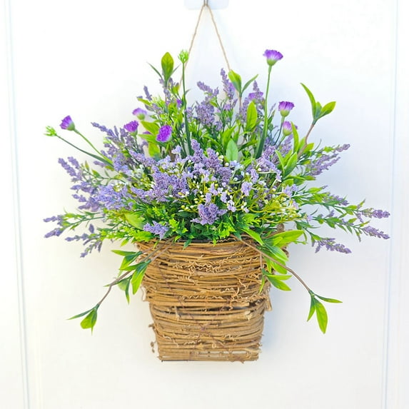 Wildflowers Hanging Basket Wreath, Artificial Lavender Spring Wreath for Front Door, Wall Hanging Flower Bucket Rustic Farmhouse Wreath Party Wedding Home Decor